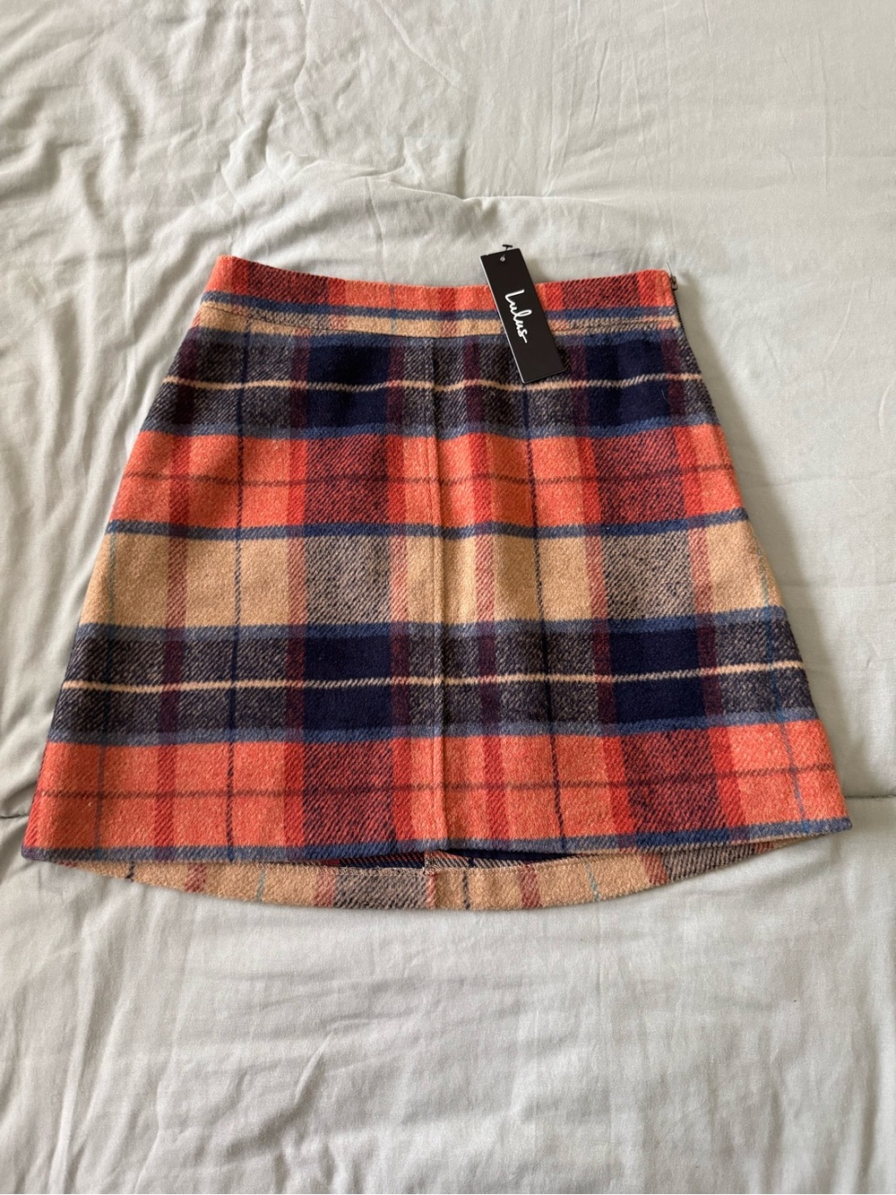 Lulu's Orange and Navy Plaid A-Line Mini Skirt